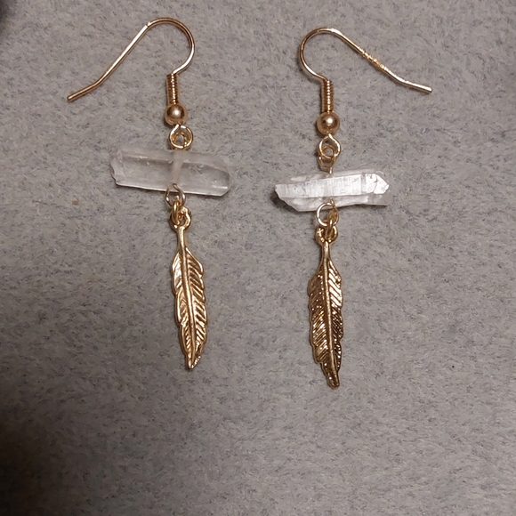 Clear Quartz Crystal Feather Earrings - Picture 3 of 5